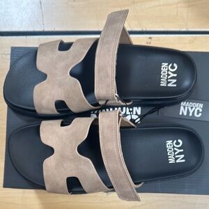 Madden NYC Beige and Black Slide Sandals